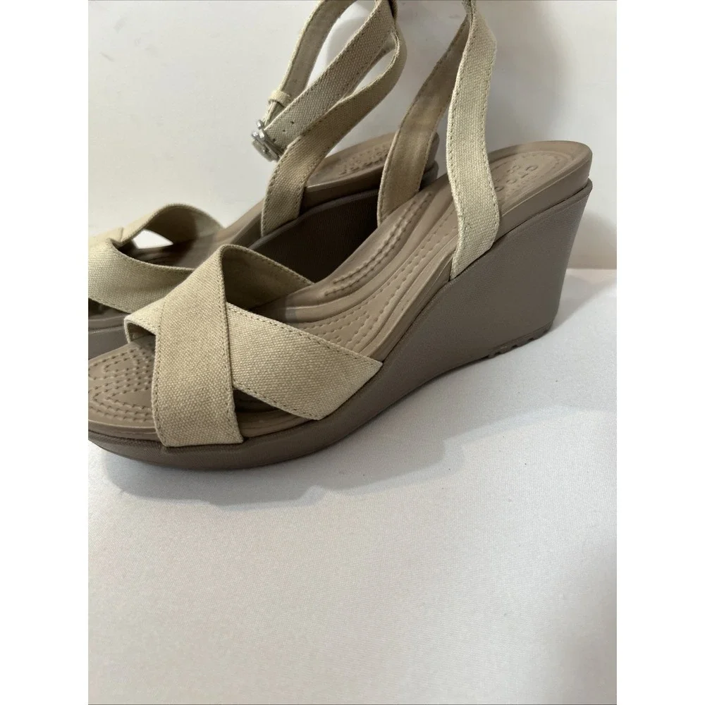 Crocs Women's Sz 6 Leigh II Cross Ankle Strap Wedge Sandals Beige Canvas Comfort